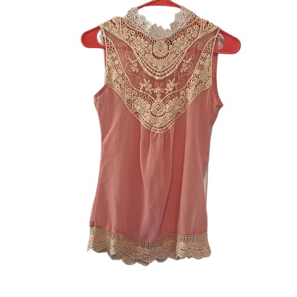 Show Lai Tops - Show Lai Pink & Cream Crochet High Neck Sheer Tank